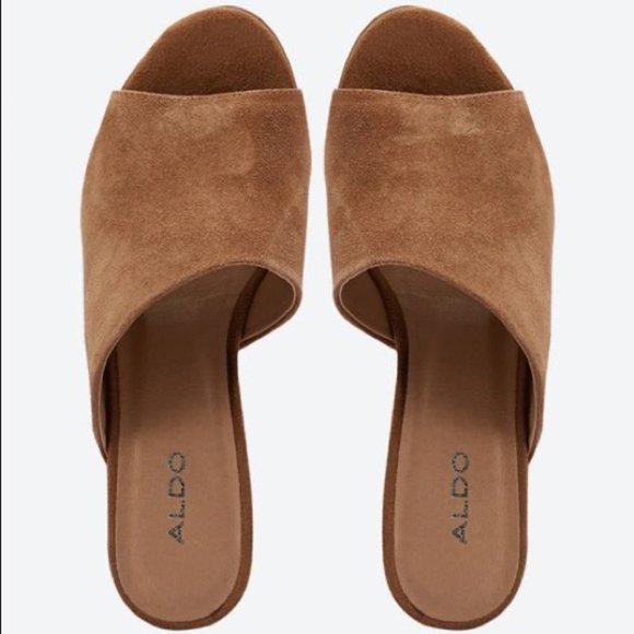 Aldo Suede Aldosina Block Heel Open Toe Mules Tan Size 7.5 - Picture 4 of 16